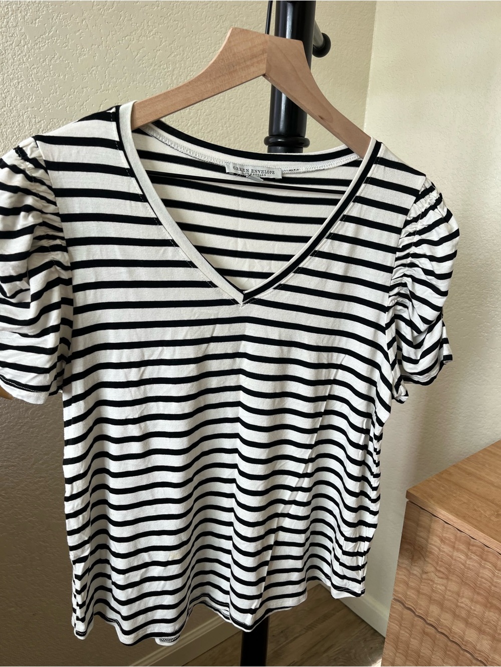 Green Envelope Black and White Striped V-Neck Puff Sleeve Top